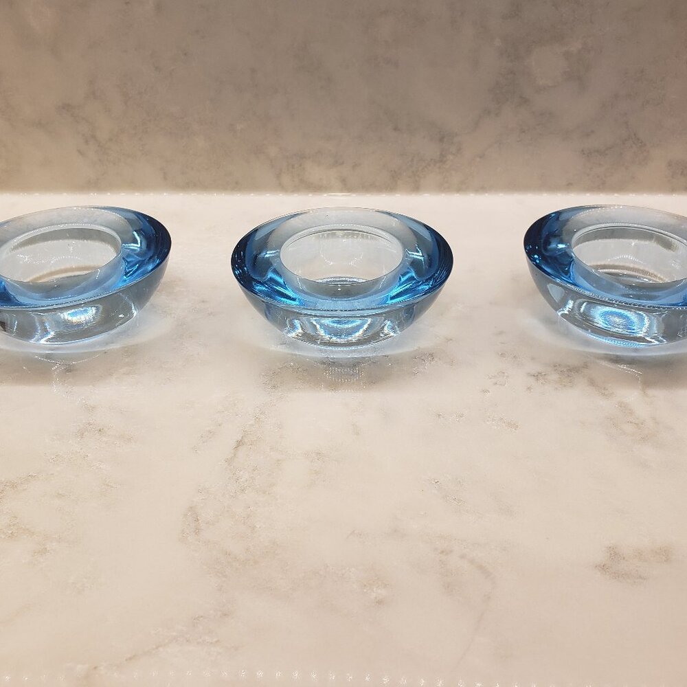 3 Blue Glass Tea Light Candle Holders